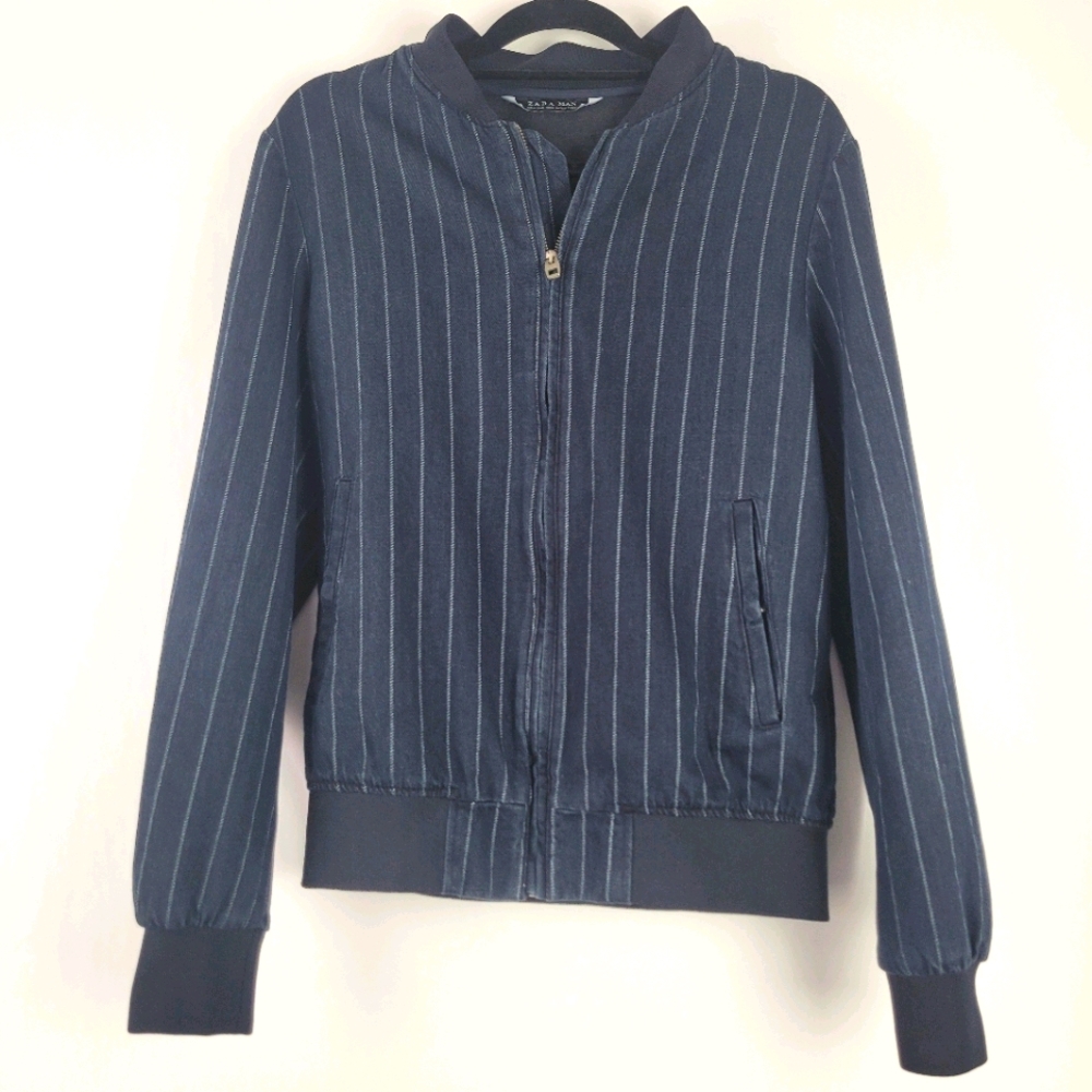 Zara Man Pinstripe Denim Bomber Jacket
